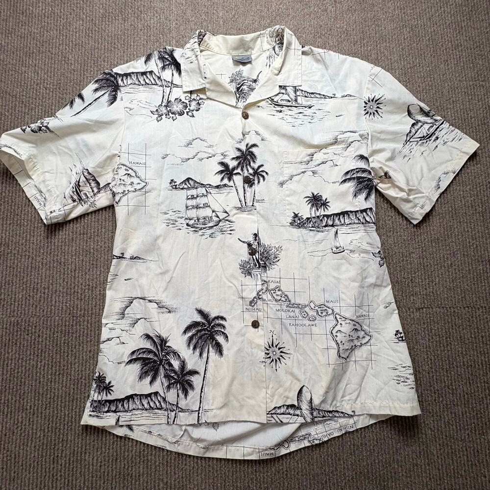 Men's XL Hawaiian Shirt  Royal Creations tan Hawaii Map Oaho Kauai Palm Trees
